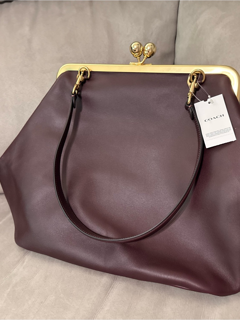 Coach Leather Shoulder Tote in Burgundy with Gold Hardware